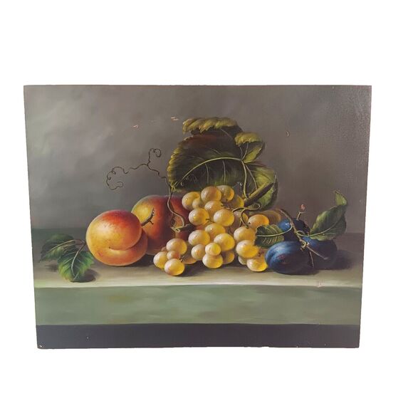 Vintage Still Life Fruit Painting On Board Dark Moody Peaches Grapes 8" x 10" - Picture 1 of 16